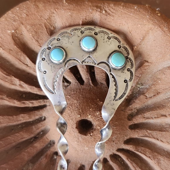 Native American Sterling Silver Turquoise Vintage Hair Comb Pick Hand Stamped - Picture 4 of 4